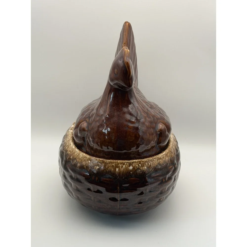 Hull Brown Drip Mirror Glaze Chicken Hen on Nest Casserole & Lid Vintage 8